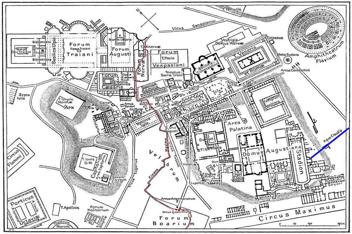 A map of ancient Rome showing the Cloaca Maxima in red and the Aqua Claudia in blue