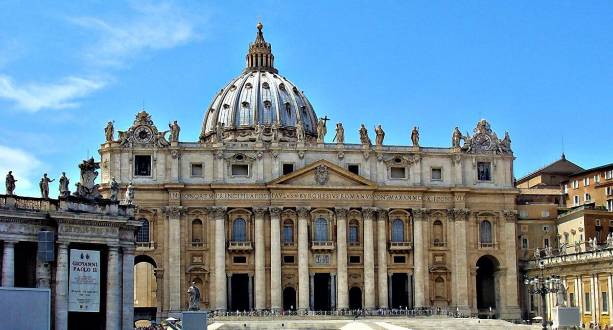 The facade and dome of St. Peter's Basilica in Vatican City, Rome, Italy