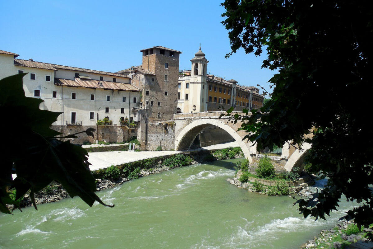 Tiber Island in Rome with bridge over the Tiber River