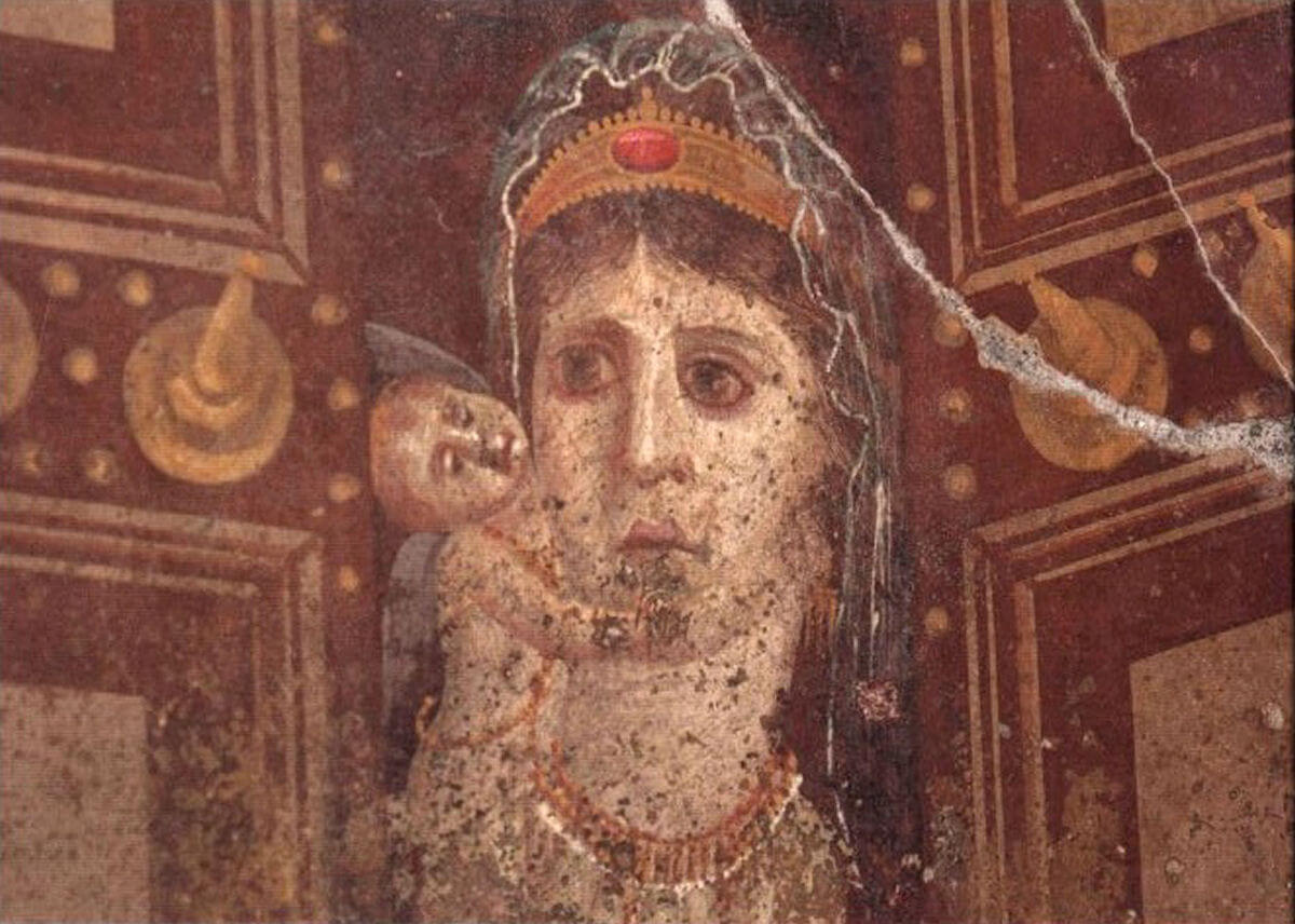 A wall painting in Pompeii, likely a depiction of Cleopatra VII as Venus Genetrix, with her son Caesarion as Cupid