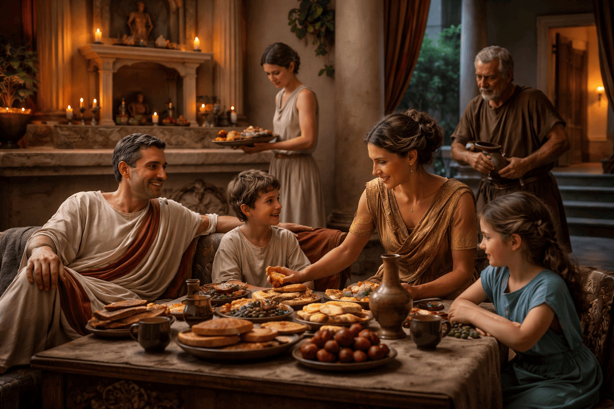 A wealthy Roman family dining and being brought food by a female slave