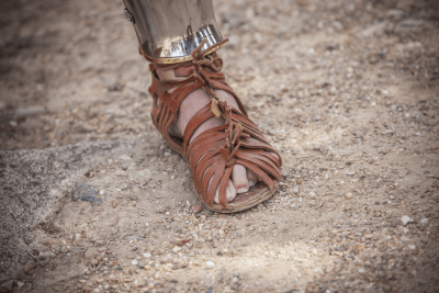 A Roman caligae military sandal with shin armor