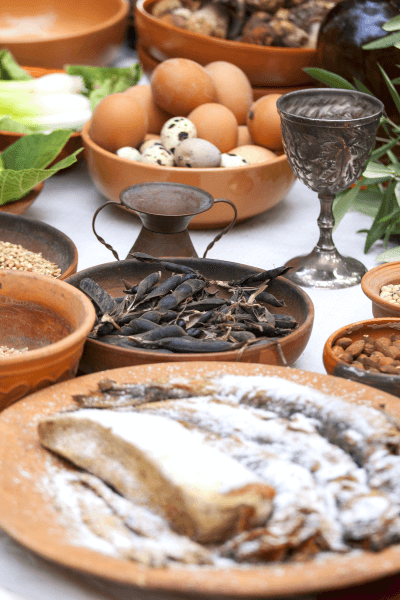 A sample of ancient Roman food on a table