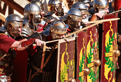 Roman legionary soldiers with scutum shields