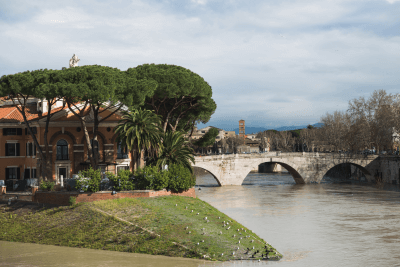 Tiber Island and bridge over the River Tiber in Rome, Italy