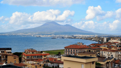 The volcano of Mount Vesuvius and the Bay of Naples