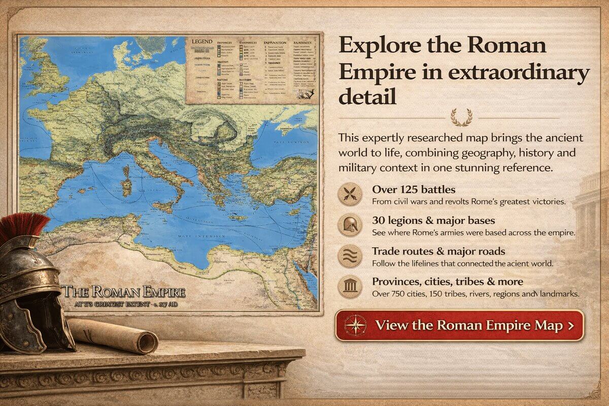 A detailed map of the Roman Empire at its greatest extent showing battles, cities, legions and provinces, with promotional call to view the full map